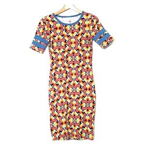 LULAROE Geometric Multi Teal Green Easy T-Shirt Dress Size XXS